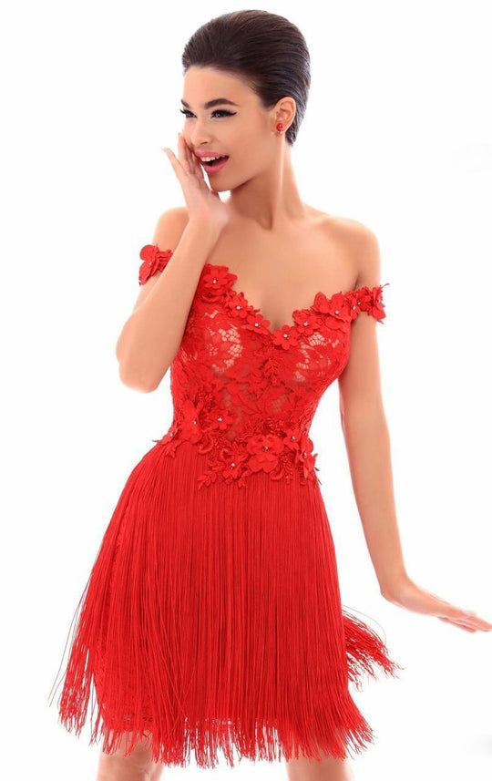 Tarik Ediz - 50256 Beaded Floral Off Shoulder Fringe Dress In Red