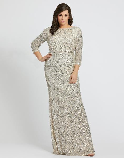 Mac Duggal Fabulouss - 5025F Sequined Three-Fourth Sleeves Long Gown In Silver