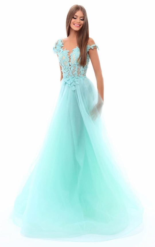 Tarik Ediz - 50261 Floral Applique Tulle Evening Gown In Green