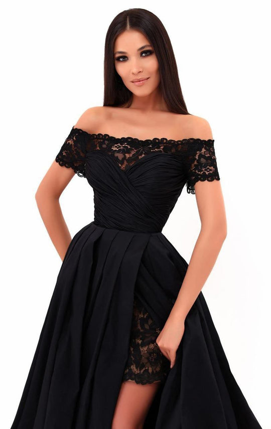 Tarik Ediz - 50271 Off Shoulder Lace Ballgown Overskirt Dress In Black