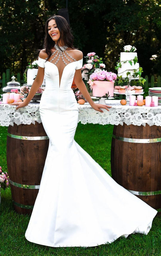 Tarik Ediz - 50302 Crystal-Beaded Choker Taffeta Mermaid Gown In White