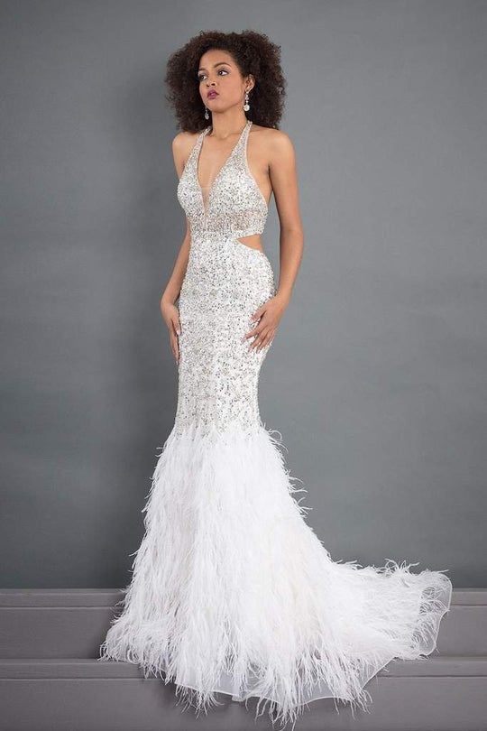 Rachel Allan - 5030 Feather-Fringed Cutout Ornate Long Gown in White