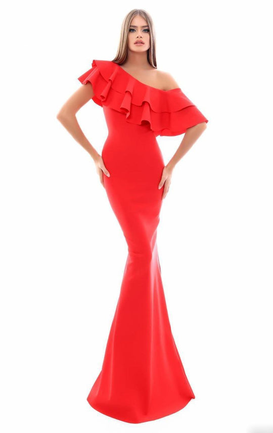 Tarik Ediz - 50318 Tiered Ruffle Asymmetrical Mermaid Gown In Red