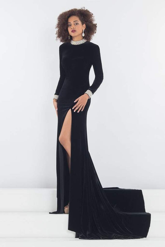 Rachel Allan - 5031 Long Sleeve Beaded High Neck Velvet Gown in Black
