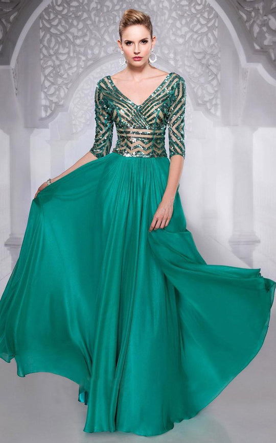 MNM Couture - 8998W Alluring Sequined Illusion Gown in Green