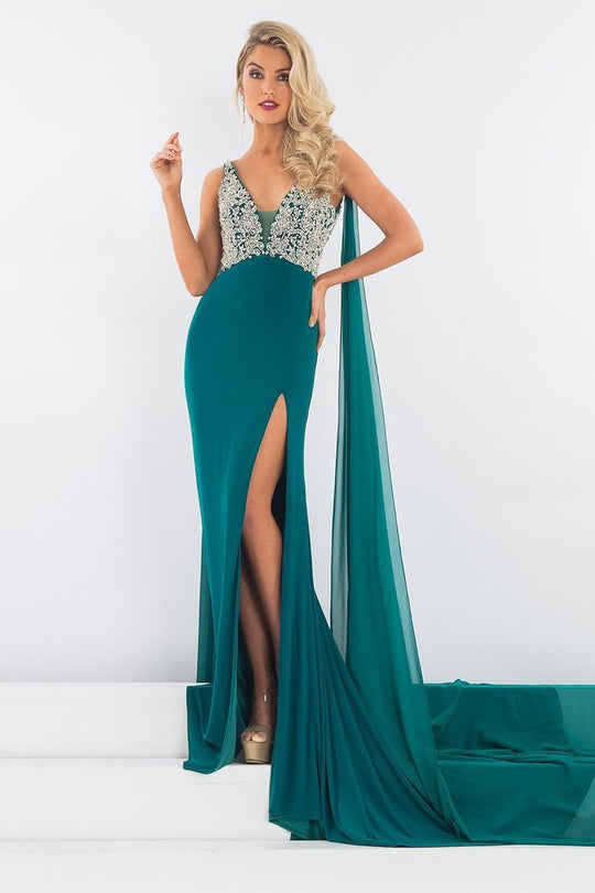 Rachel Allan - 5032 Watteau Draped Ornate Plunging Gown in Green