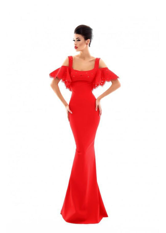 Tarik Ediz - 50332 Laser-Cut Embroidered Off Shoulder Mermaid Dress In Red