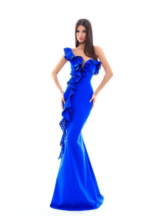 Tarik Ediz - 50333 Laser-Cut Plunging Ruffled Cascade Mermaid Gown In Blue