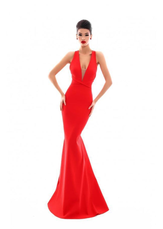Tarik Ediz - 50334 Crisscrossed Plunging V-Neck Mermaid Gown In Red