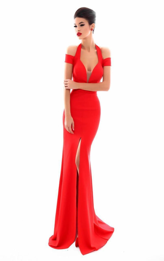 Tarik Ediz - 50335 Plunging Off-Shoulder High Slit Mermaid Gown In Red