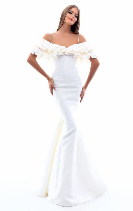 Tarik Ediz - 50339 Ruffled Fitted Off Shoulder Mermaid Gown In White