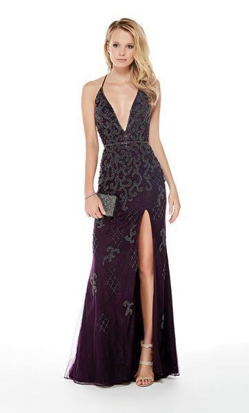 Alyce Paris - 5033 Bead Embellished Plunging V-Neck Gown In Purple