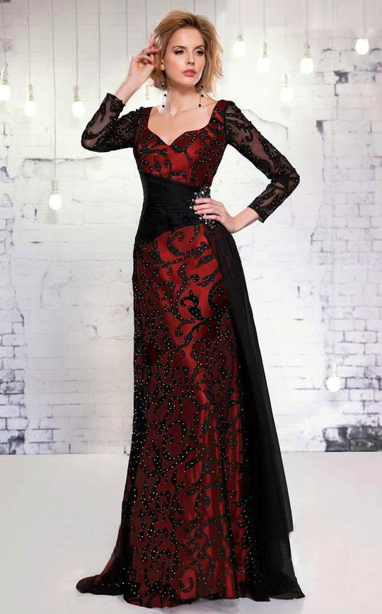 MNM Couture - 9405W Long Sleeve Vine Beaded Evening Gown In Black and Red