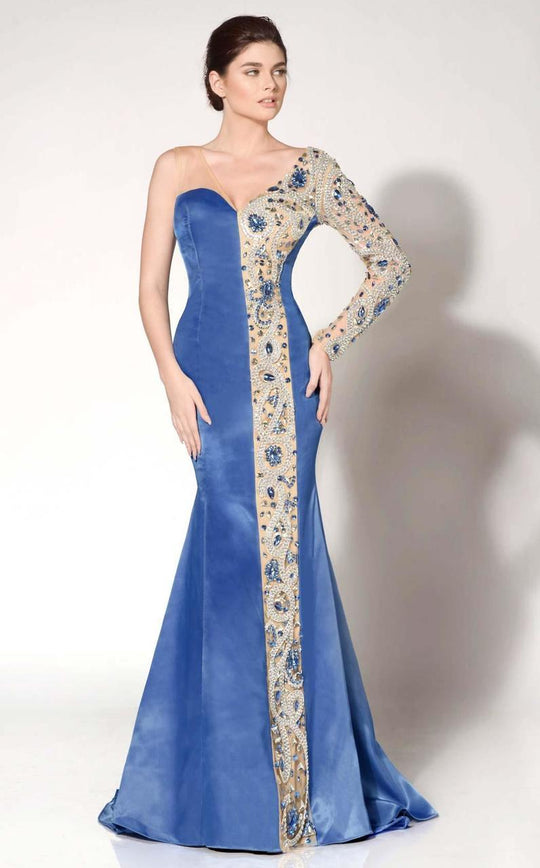 MNM Couture - 9441 Glittering  Illusion Asymmetrical Gown in Blue
