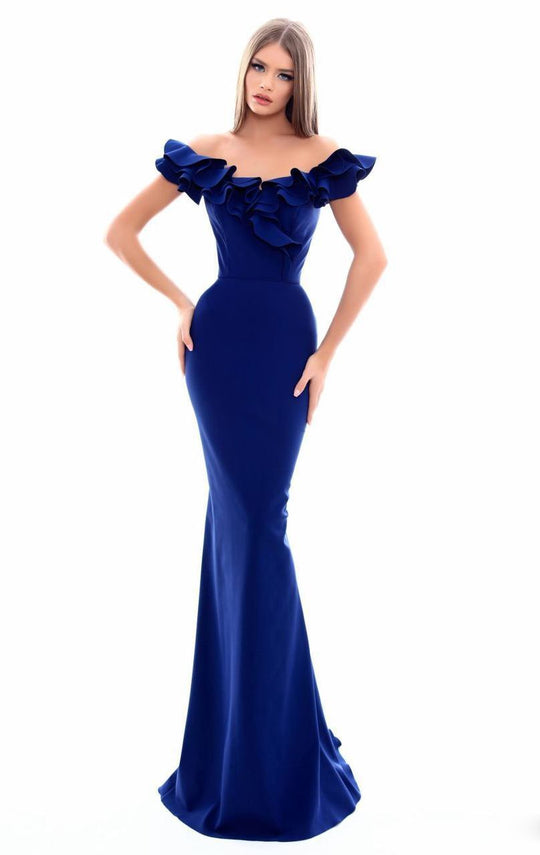 Tarik Ediz - 50348 Tiered Ruffle Off-Shoulder Mermaid Gown In Blue