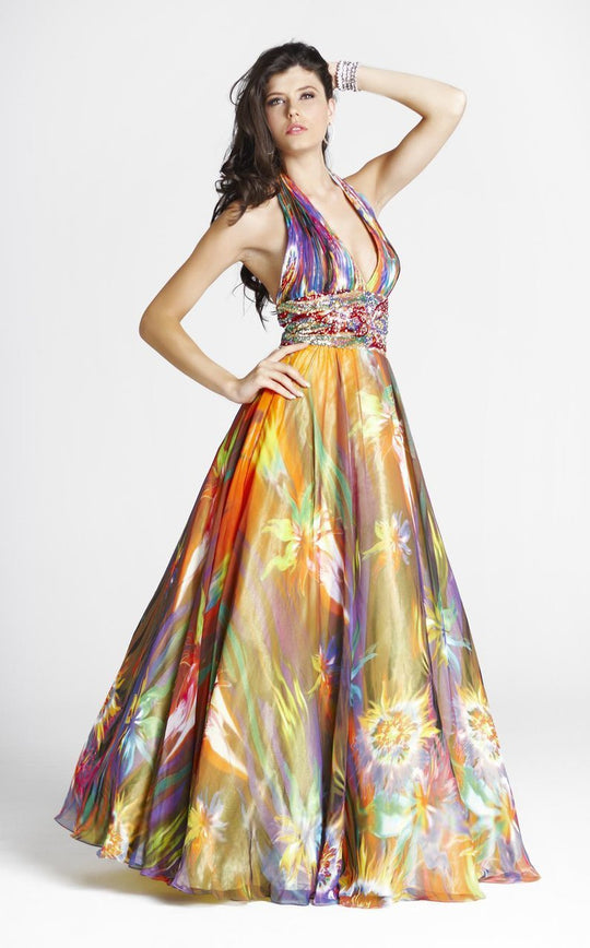 Blush - 5034 Plunging Halter Print Gown In Pink and Multi-Color