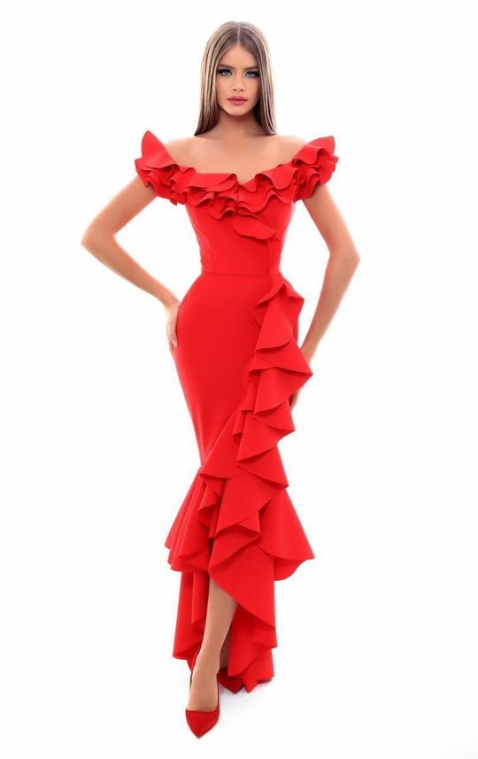 Tarik Ediz - 50350 Ruffled Off-Shoulder High Low Mermaid Gown In Red