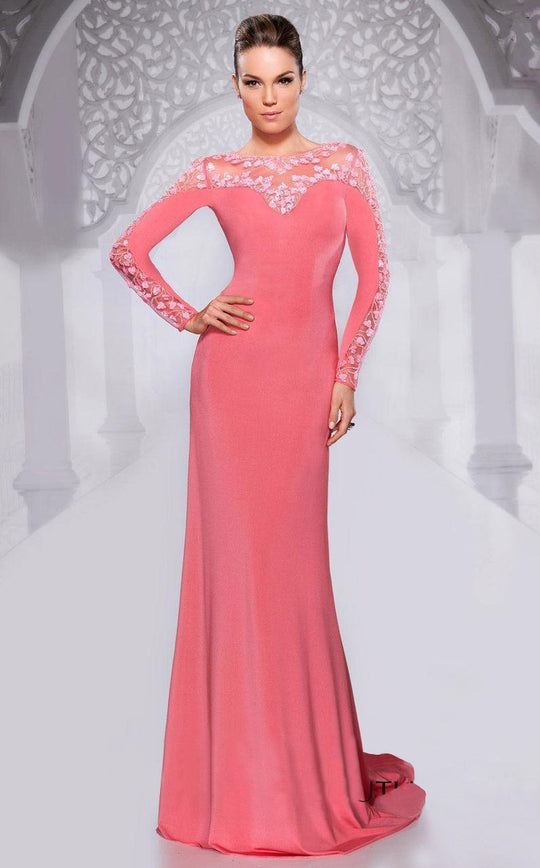MNM Couture - 9607W Sheered Long Sleeve Bejeweled Gown in Pink