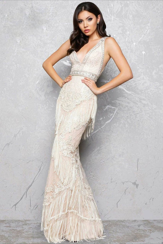Mac Duggal -Sleeveless V-Neck Couture Gown 50404D in White and Neutral