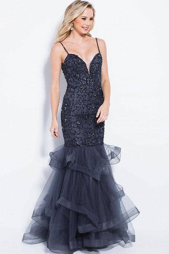 50405 Embellished Deep V-neck Mermaid Dress