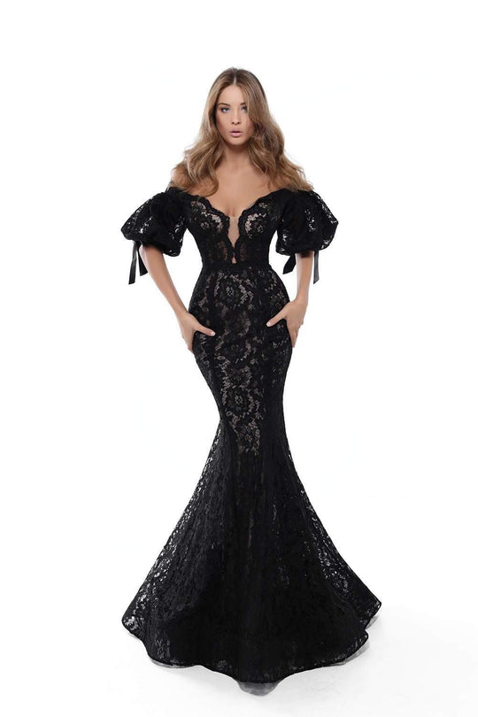 Tarik Ediz - 50411 Puffed Sleeve Plunging Off Shoulder Lace Gown In Black