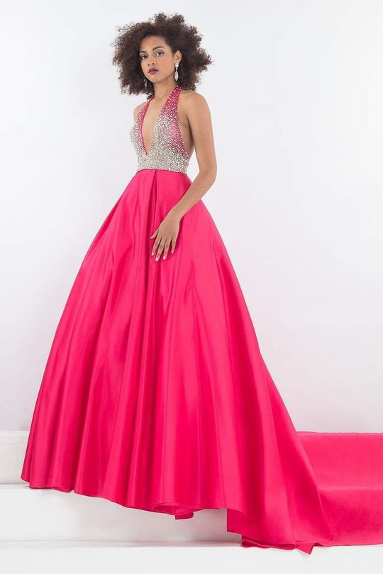 Rachel Allan - 5042 Beaded Plunging Halter Ballgown in Pink