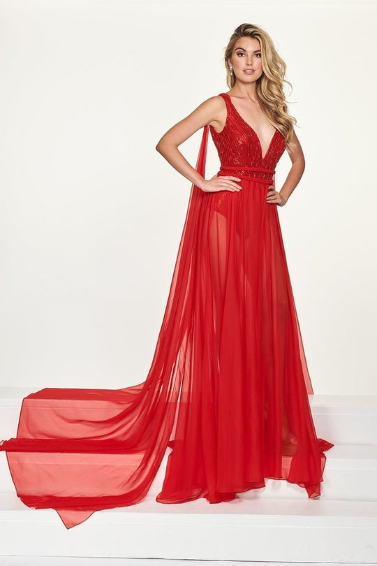 Rachel Allan - 5043 Plunging Sequined Chiffon Gown in Red