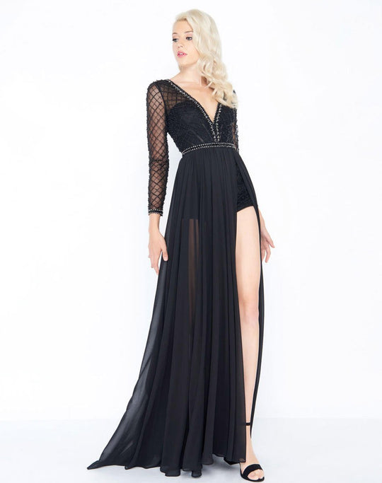 Mac Duggal - 50430M Long Sleeve Beaded Romper with Chiffon Overskirt In Black