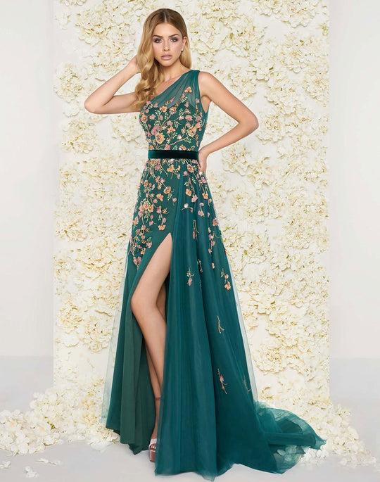 Mac Duggal Couture - 50433D Floral Asymmetric Neck A-Line Gown in Green