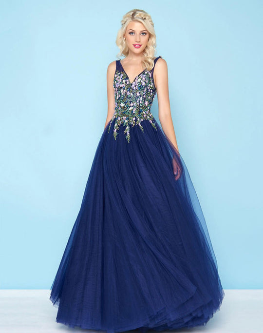 Mac Duggal - 50442H Sleeveless Floral Embroidered Tulle Ballgown In Blue