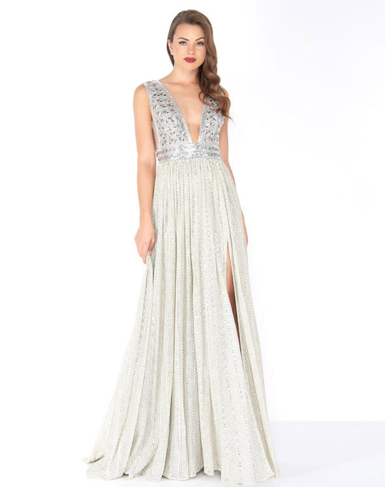 Mac Duggal - 50458R Shimmering Plunging Chiffon Evening Dress In Silver