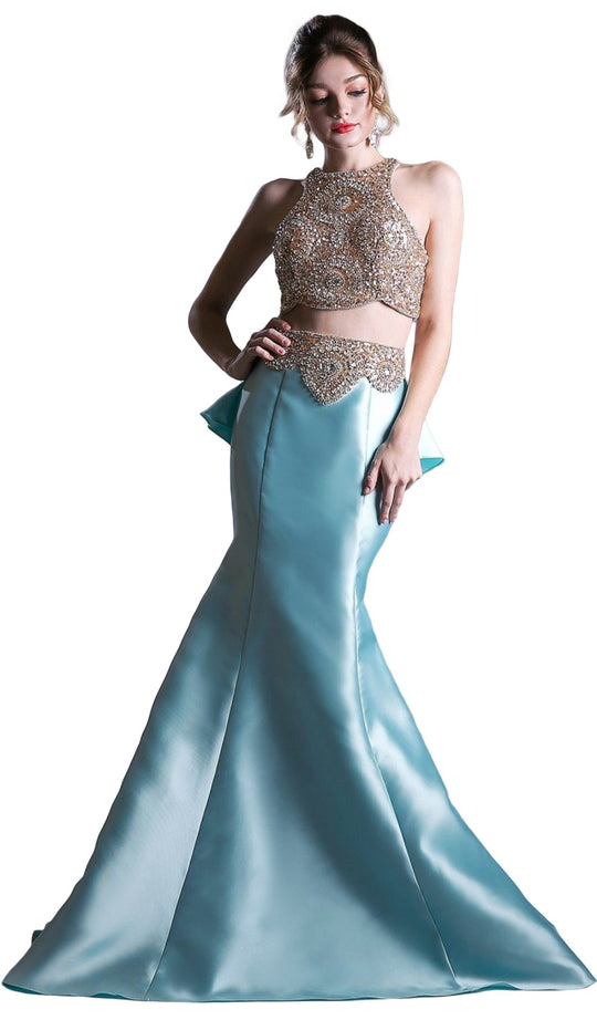 Cinderella Divine - 5045 Two Piece Beaded Mermaid Gown In Gold and Green