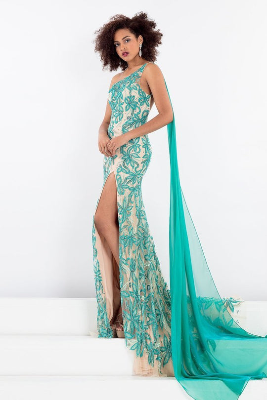 Rachel Allan - 5045 Asymmetrical Floral Gown with Slit in Green and Neutral