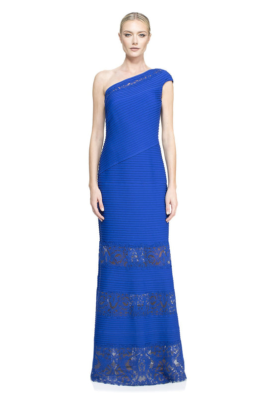 Tadashi Shoji - Asymmetrical Pintucked Illusion Lace Gown In Blue