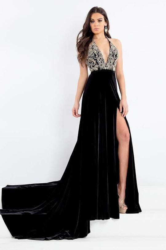 Rachel Allan - 5046 Plunging Halter Gown with Slit in Black