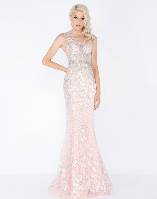 Mac Duggal - 50471M Shimmering Floral Beaded Ribbons Sheath Dress In Pink