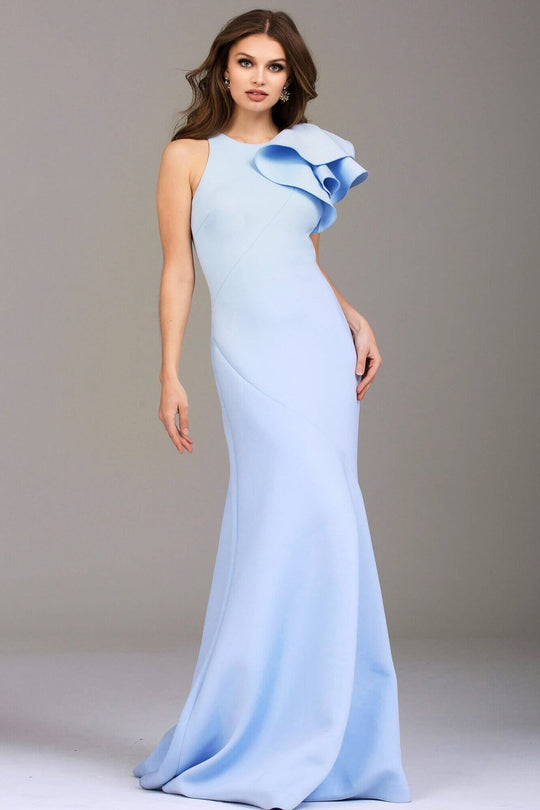 Jovani - 50479 Sleeveless Ruffled Shoulder Long Scuba Dress  in Blue