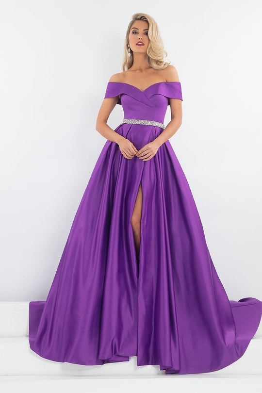 Rachel Allan - 5047 Off-Shoulder Ballgown with Slit In Purple