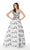 Floral Brocade V-neck Ballgown in White and Blue