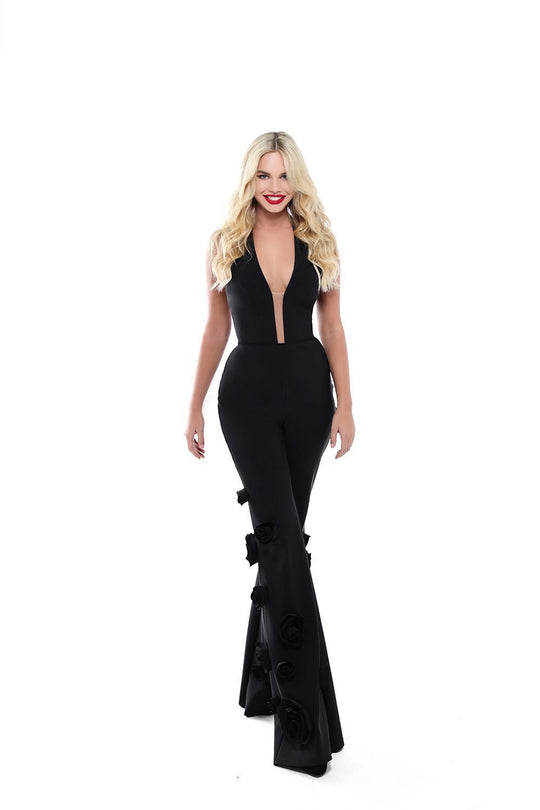 Tarik Ediz - 50480 Plunging V-Neck Rosette Detailed Jumpsuit In Black