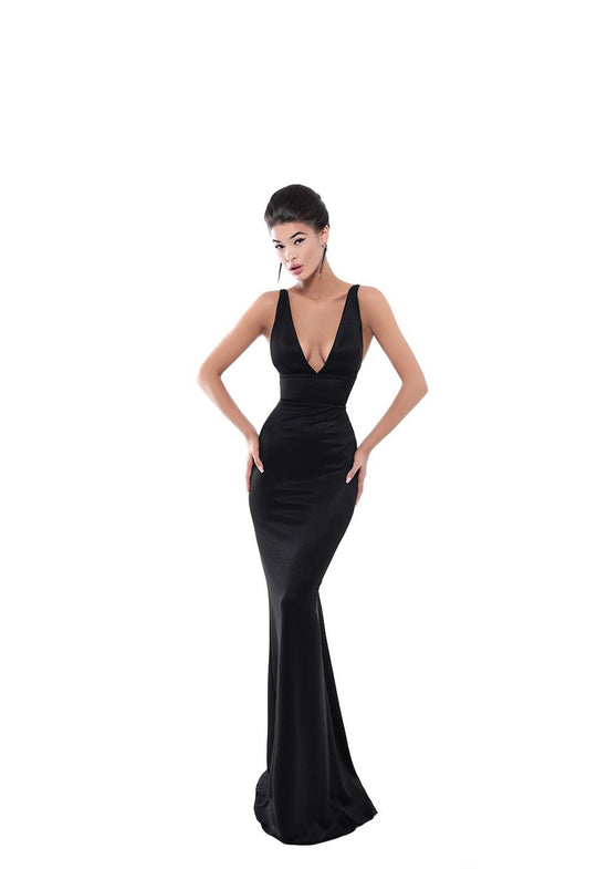 Tarik Ediz - 50483 Plunging Belt-Detailed Backless Gown In Black
