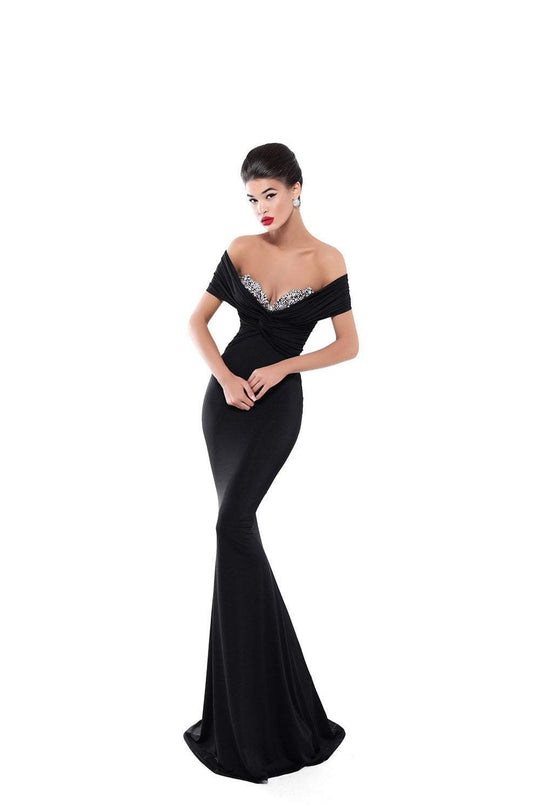 Tarik Ediz - 50487 Jeweled Bustier Off Shoulder Mermaid Gown In Black