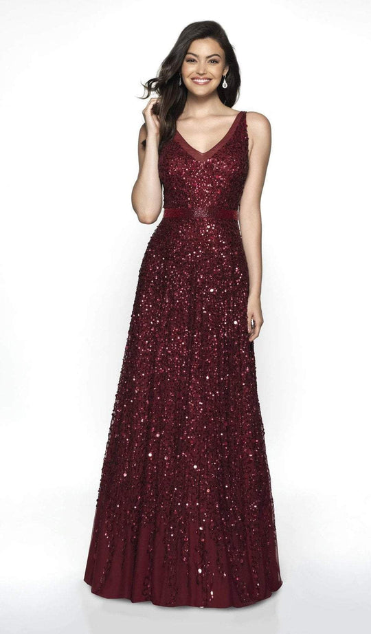 Intrigue by Blush - 504 Sequined V-Neck A-Line Gown In Red