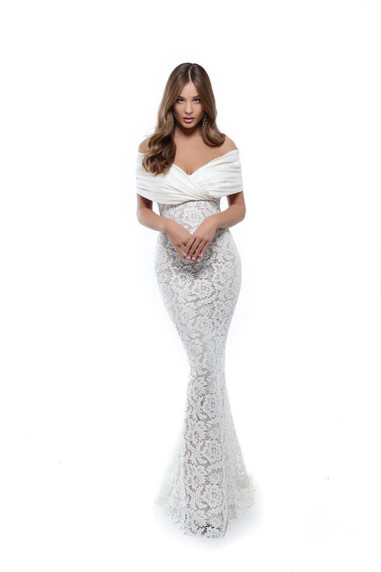 Tarik Ediz - 50506 Ruched Off Shoulder Lace Mermaid Gown In White