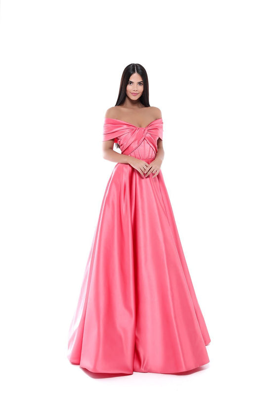 Tarik Ediz - 50508 Off Shoulder Corset Bodice Satin A-Line Gown In Pink