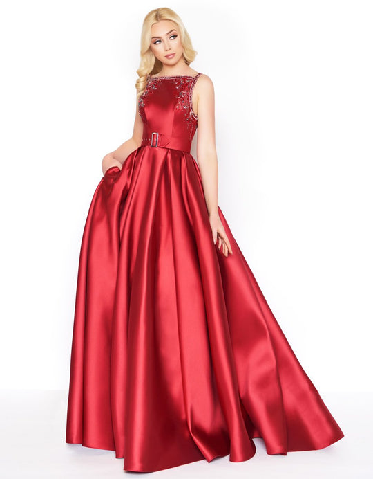 Mac Duggal - 50509D Beaded Bateau Ballgown With Train in Red