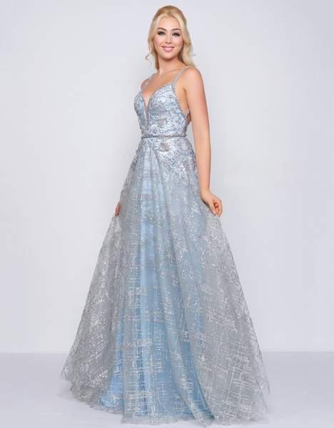 Mac Duggal Couture - 50520D Embellished V-neck A-line Dress With Train In Blue