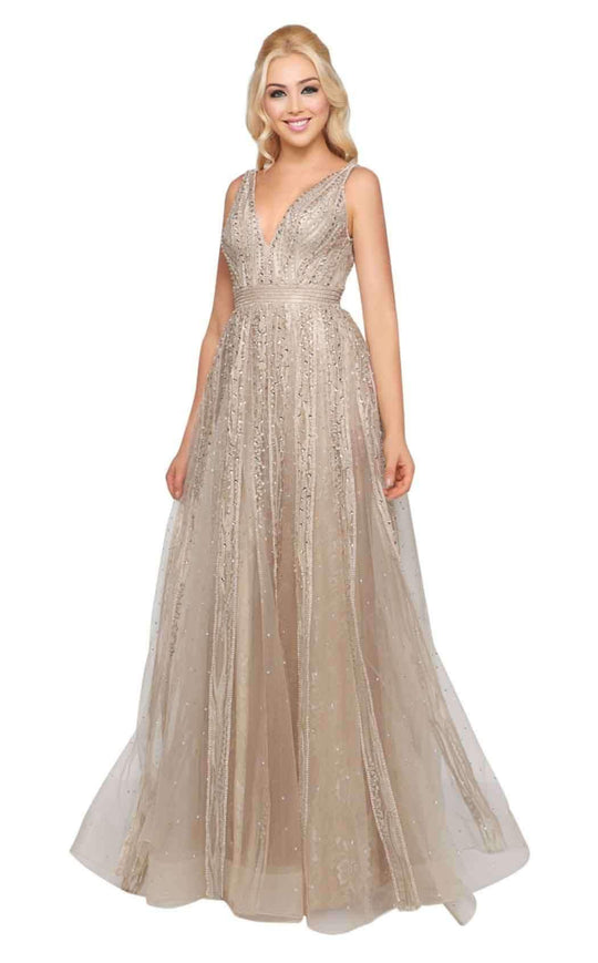 Mac Duggal Couture - 50514D Beaded Deep V-neck A-line Dress In Nude