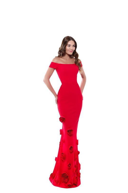 Tarik Ediz - 50517 Off Shoulder Rosette Detailed Mermaid Gown In Red