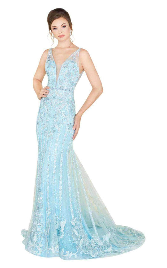Mac Duggal Couture - 50519D Embellished Deep V-neck Dress With Train in Blue